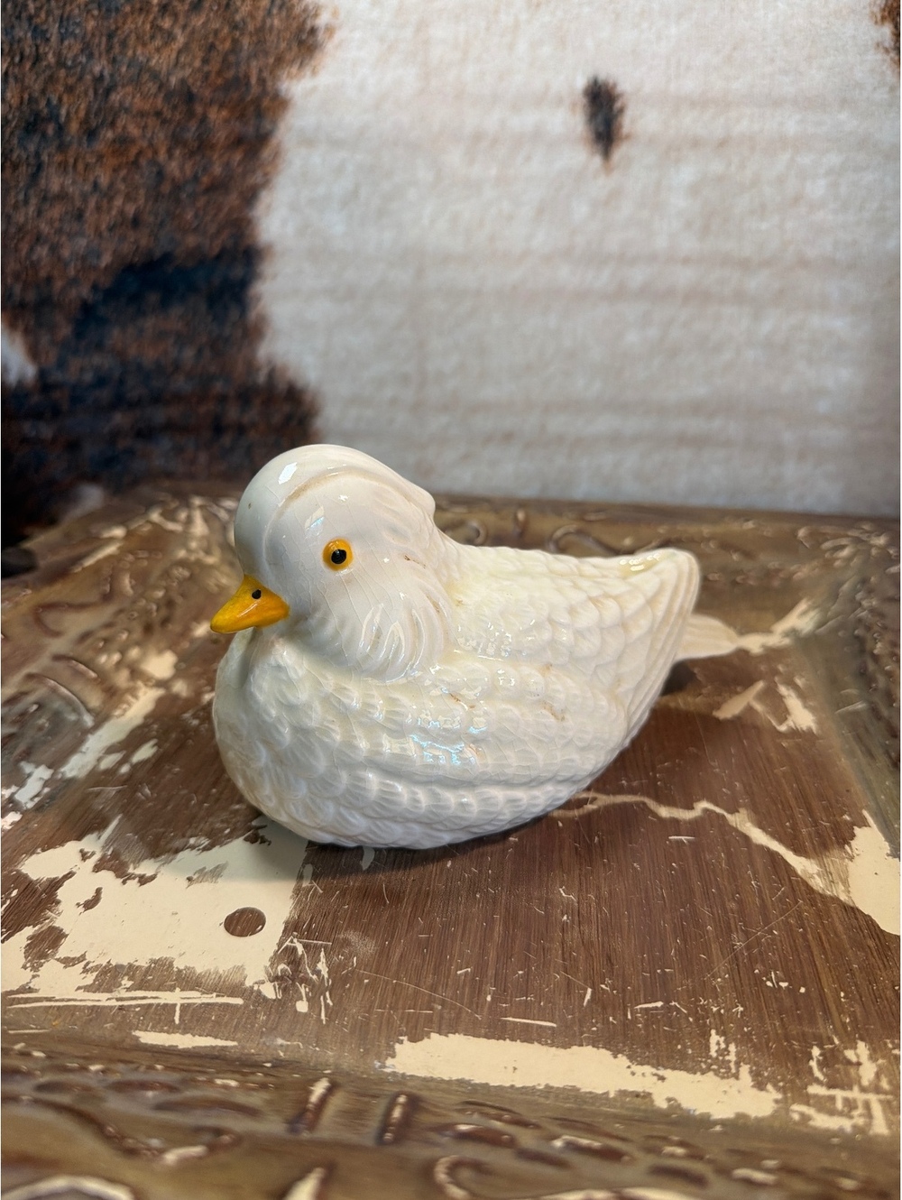 Vintage White Ceramic Duck Figurine with Yellow Beak
